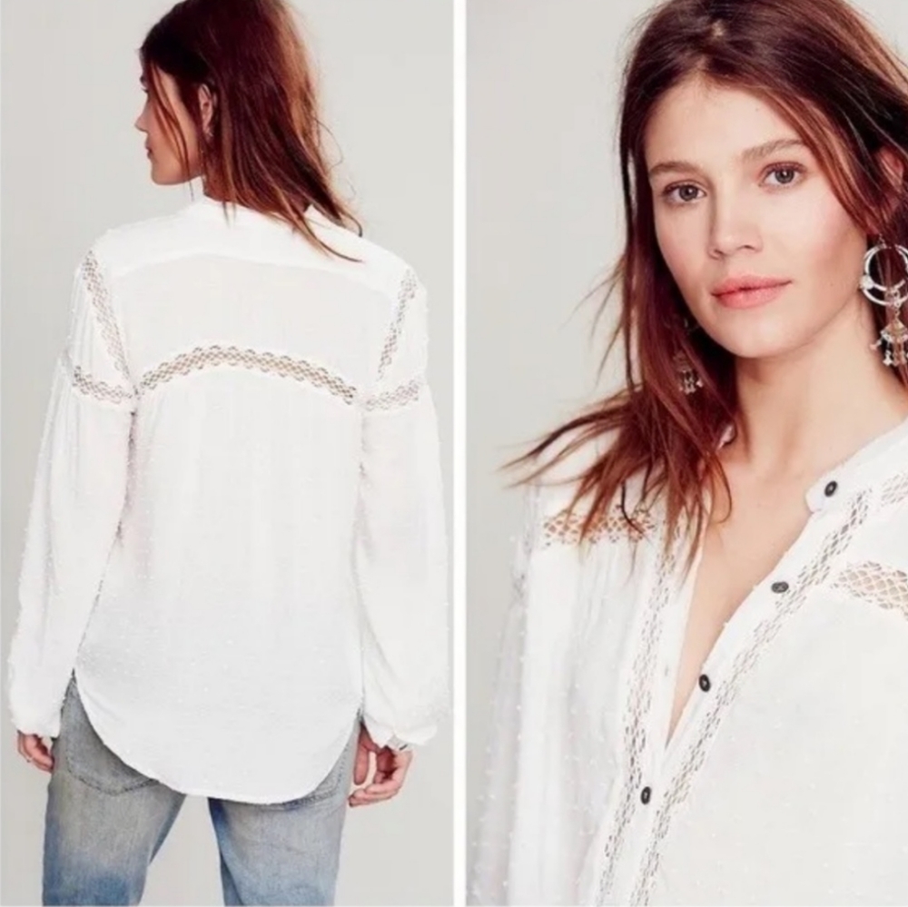 Free People Every Day Girl Shirt Women's XS White Lace Swiss Dot 90s Y2K - Picture 5 of 11